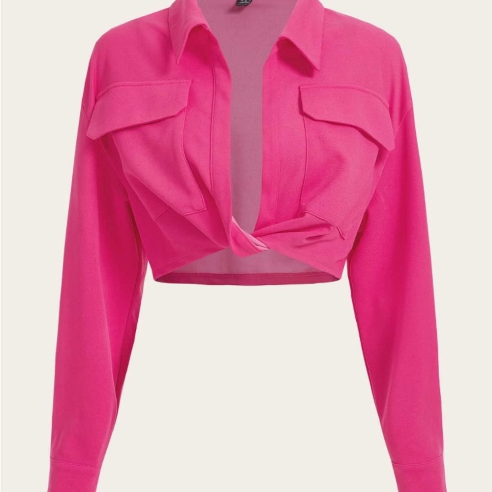 SHEIN Hot Pink Flap Pocket Twist Hem Cropped Blouse